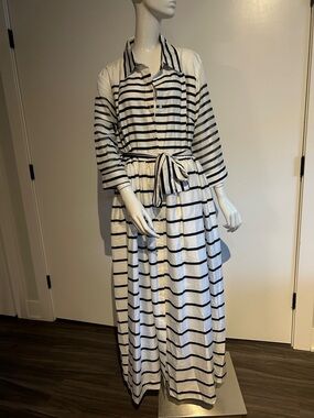 Classic White and Black Striped Maxi Shirt Dress with Waist Tie